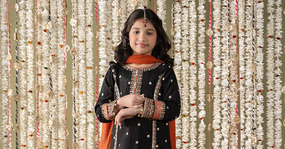 Maria B | 3 Piece Embroidered Raw Silk Suit | MKS-EF25-25 by Maria Faisal - Registered Vendor of : Maria B - type : Kids Clothes - 100% original wedding dresses