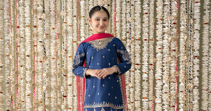 Maria B | 3 Piece Embroidered Raw Silk Suit | MKS-EF25-27 by Maria Faisal - Registered Vendor of : Maria B - type : Kids Clothes - 100% original wedding dresses