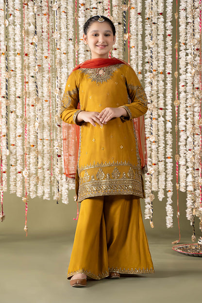 Maria B | 3 Piece Embroidered Raw Silk Suit | MKS-EF25-27 by Maria Faisal - Registered Vendor of : Maria B - type : Kids Clothes - 100% original wedding dresses