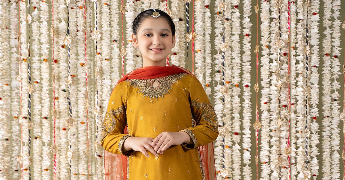 Maria B | 3 Piece Embroidered Raw Silk Suit | MKS-EF25-27 by Maria Faisal - Registered Vendor of : Maria B - type : Kids Clothes - 100% original wedding dresses