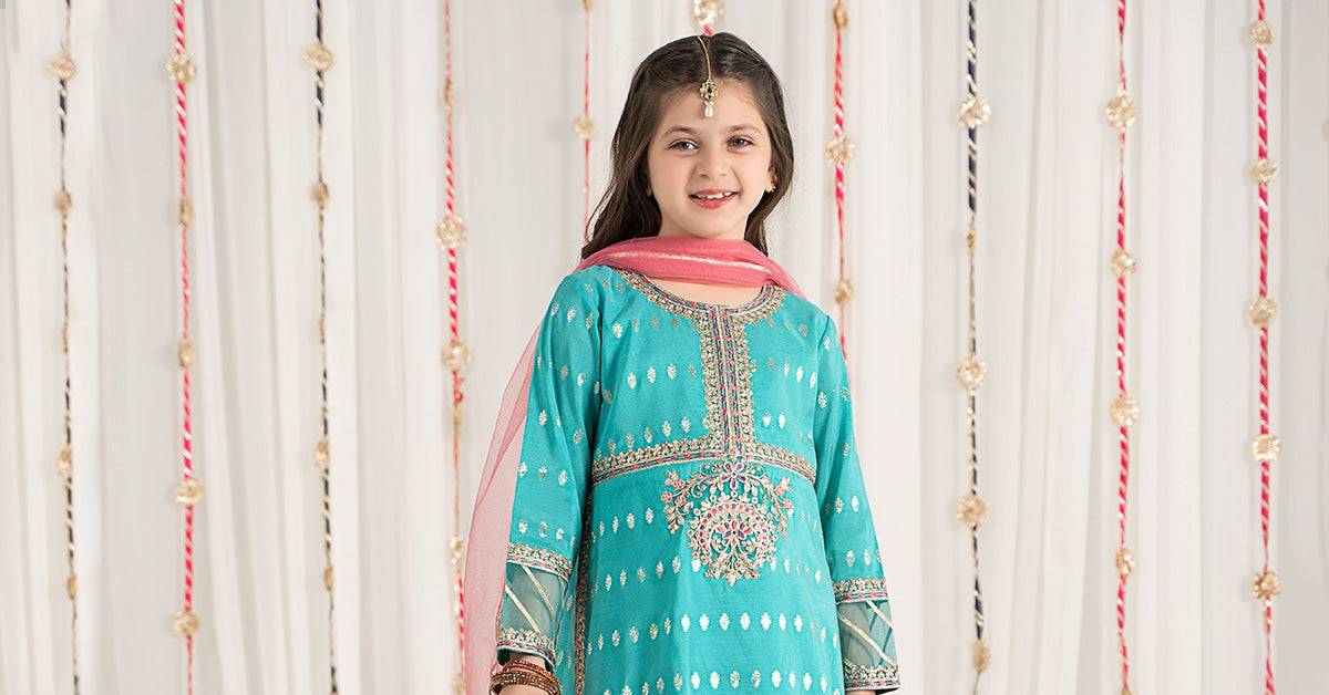 Maria B | 3 Piece Embroidered Raw Silk Suit | MKS-EF25-30 by Maria Faisal - Registered Vendor of : Maria B - type : Kids Clothes - 100% original wedding dresses