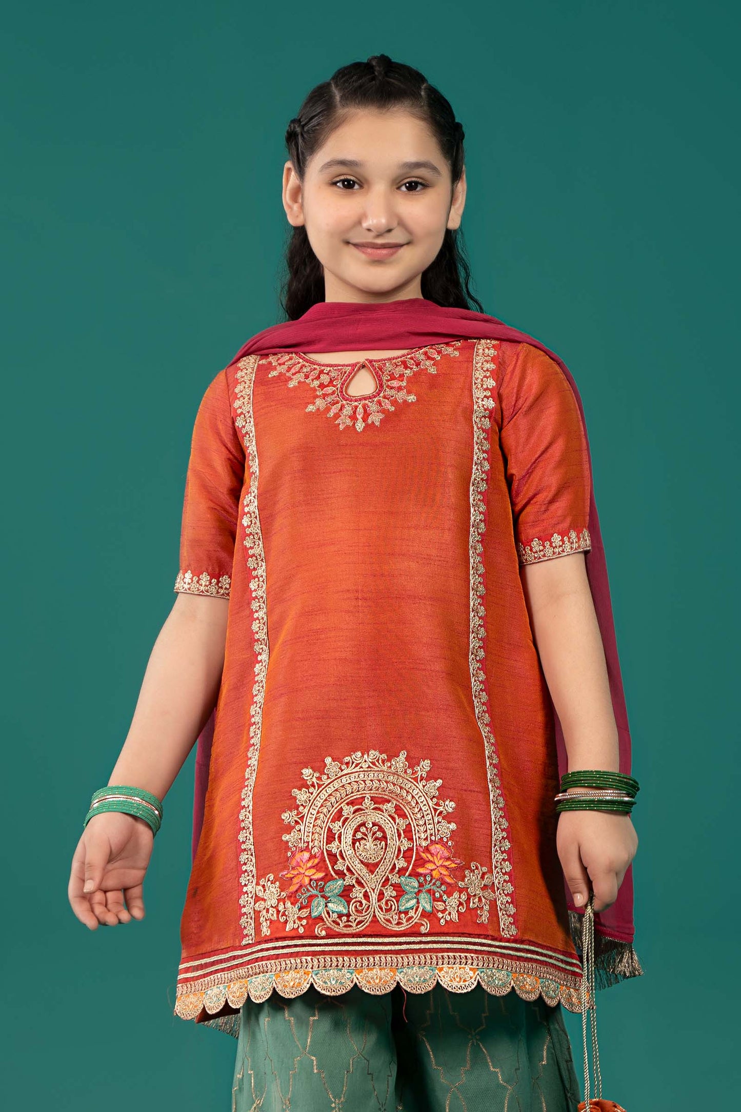 Maria B | 3 Piece Embroidered Raw Silk Suit | MKS-EF25-45 by Maria Faisal - Registered Vendor of : Maria B - type : Kids Clothes - 100% original wedding dresses