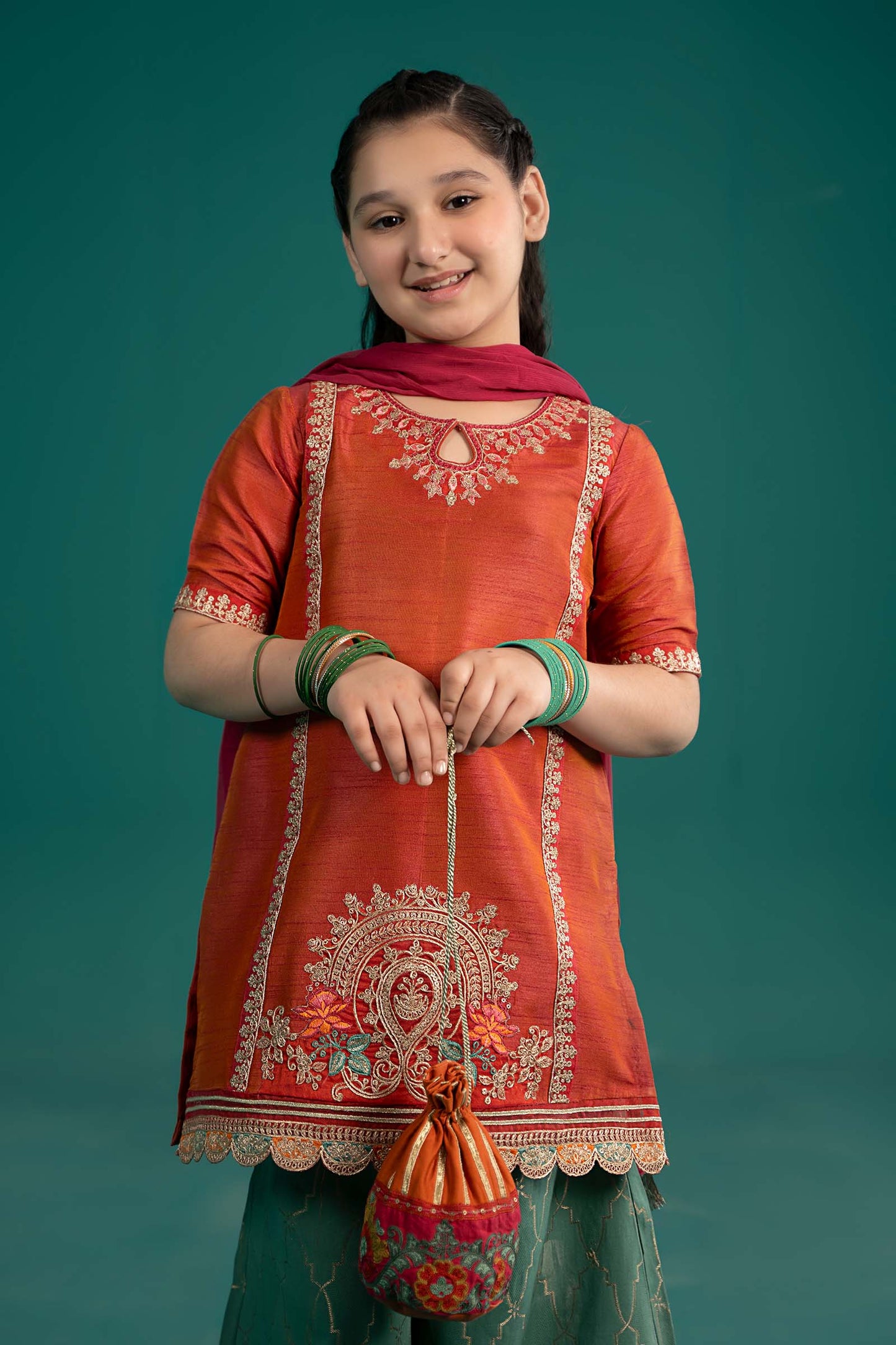 Maria B | 3 Piece Embroidered Raw Silk Suit | MKS-EF25-45 by Maria Faisal - Registered Vendor of : Maria B - type : Kids Clothes - 100% original wedding dresses