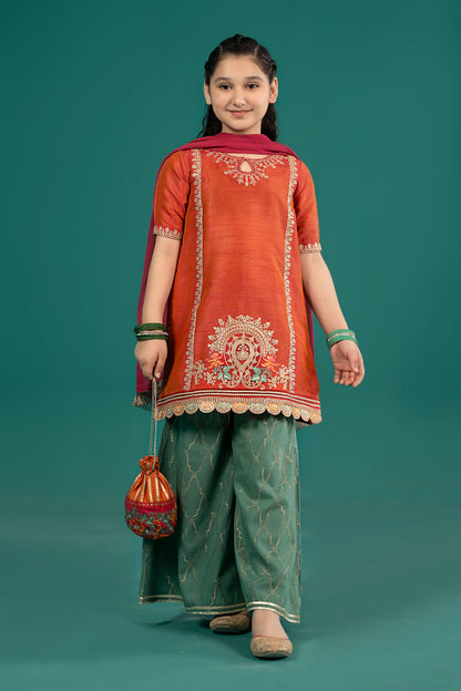 3 Piece Embroidered Raw Silk Suit - Kids Clothes - available at Maria Faisal in UK and USA