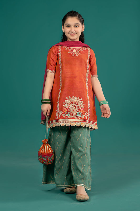3 Piece Embroidered Raw Silk Suit - Kids Clothes - available at Maria Faisal in UK and USA