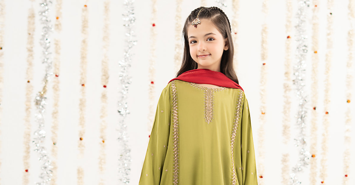 3 Piece Embroidered Raw Silk Suit - by Maria Faisal - Registered Vendor of : Maria B Kids - 100% Original Designer Dress