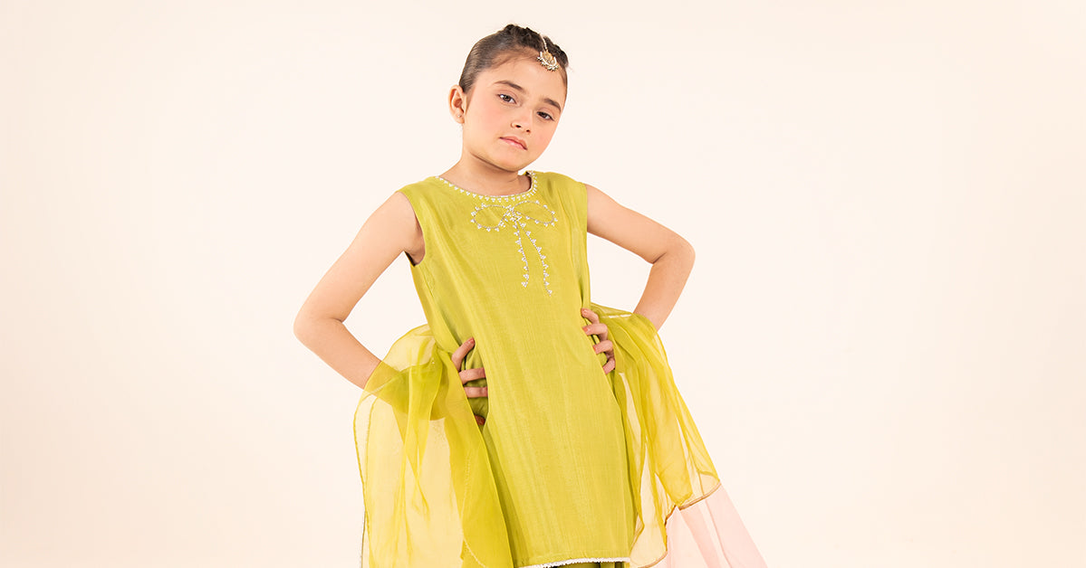 3 Piece Embellished Raw Silk Suit - by Maria Faisal - Registered Vendor of : Maria B Kids - 100% Original Designer Dress