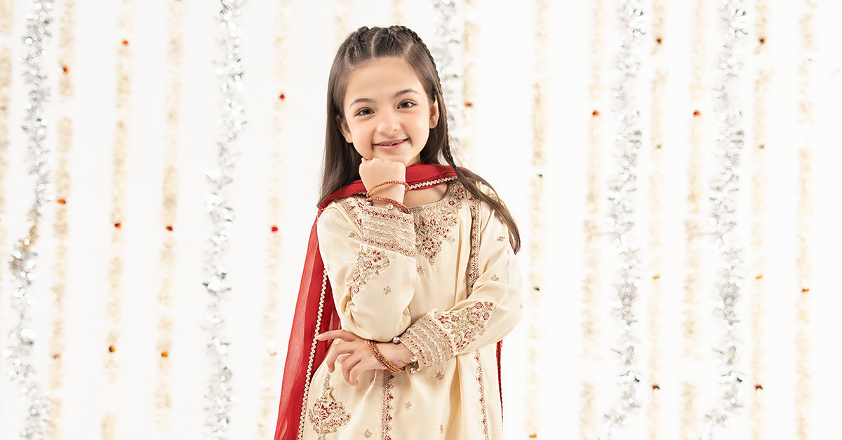 3 Piece Embroidered Raw Silk Suit - by Maria Faisal - Registered Vendor of : Maria B Kids - 100% Original Designer Dress