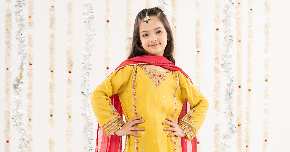 3 Piece Embroidered Raw Silk Suit - by Maria Faisal - Registered Vendor of : Maria B Kids - 100% Original Designer Dress