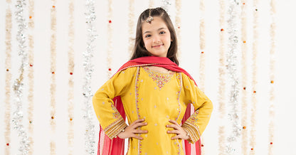 3 Piece Embroidered Raw Silk Suit - by Maria Faisal - Registered Vendor of : Maria B Kids - 100% Original Designer Dress