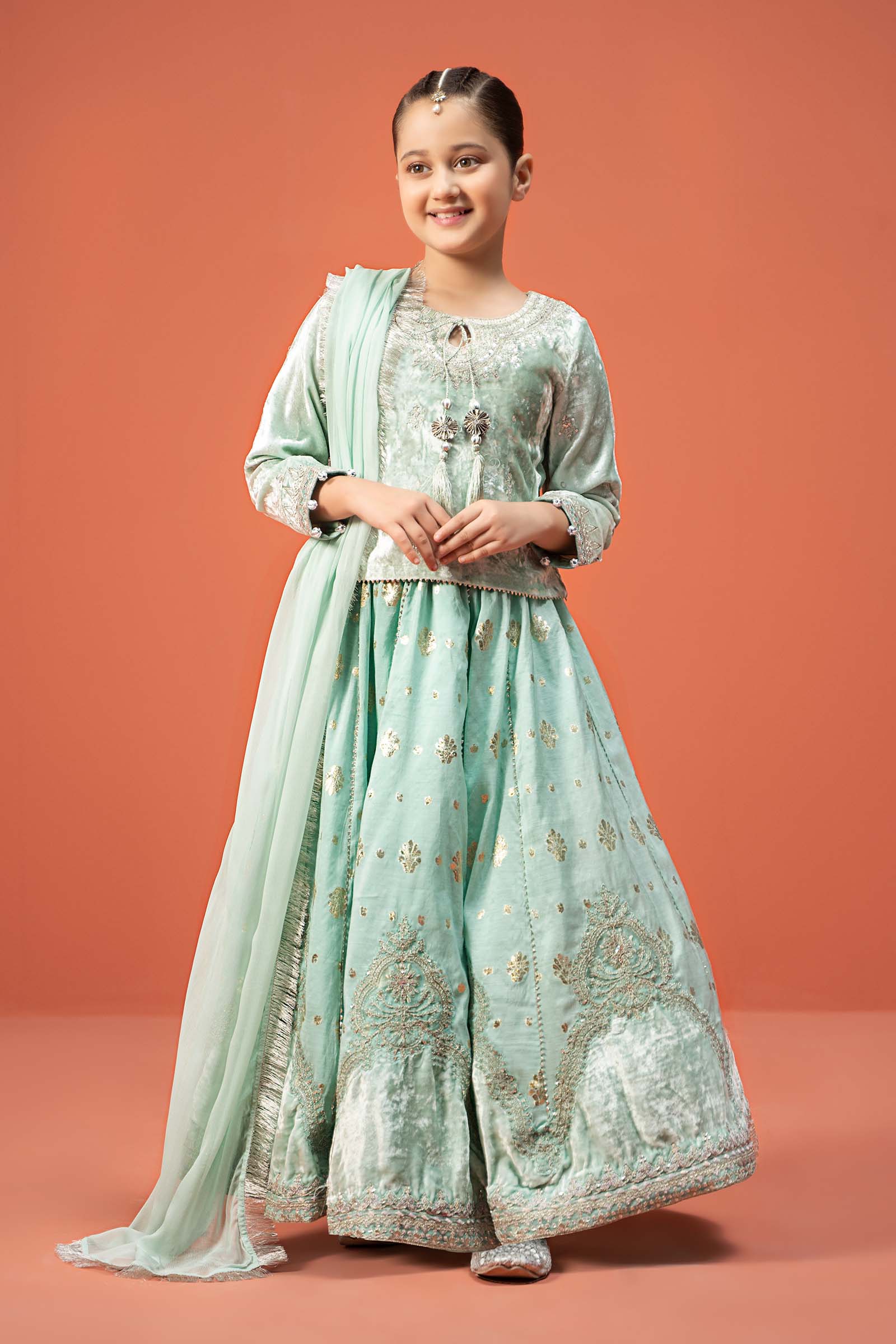 Maria B | 3 Piece Embroidered Velvet Suit | MKS-W24-14 by Maria Faisal - Registered Vendor of : Maria B - type : Kids Clothes - 100% original wedding dresses
