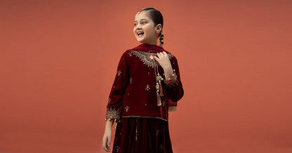 Maria B | 3 Piece Embroidered Velvet Suit | MKS-W24-14 by Maria Faisal - Registered Vendor of : Maria B - type : Kids Clothes - 100% original wedding dresses