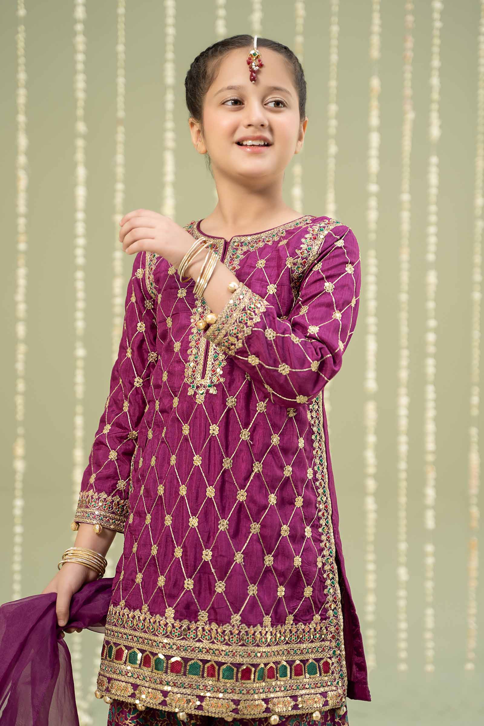 Maria B | 3 Piece Embroidered Raw Silk Suit | MKS-W24-28 by Maria Faisal - Registered Vendor of : Maria B - type : Kids Clothes - 100% original wedding dresses
