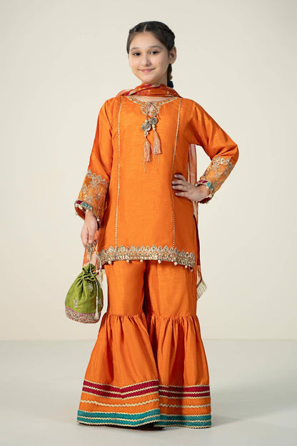 Maria B | 3 Piece Embroidered Raw Silk Suit | MKS-W24-31 by Maria Faisal - Registered Vendor of : Maria B - type : Kids Clothes - 100% original wedding dresses