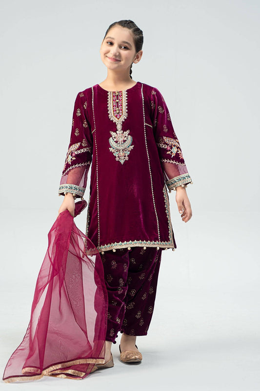 Maria B | 3 Piece Embroidered Velvet Suit | MKS-W24-32 by Maria Faisal - Registered Vendor of : Maria B - type : Kids Clothes - 100% original wedding dresses
