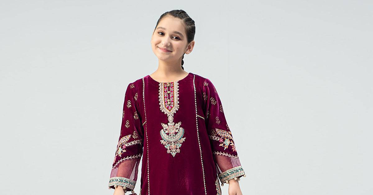 Maria B | 3 Piece Embroidered Velvet Suit | MKS-W24-32 by Maria Faisal - Registered Vendor of : Maria B - type : Kids Clothes - 100% original wedding dresses