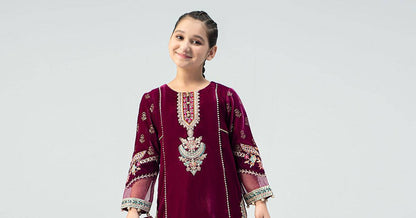 Maria B | 3 Piece Embroidered Velvet Suit | MKS-W24-32 by Maria Faisal - Registered Vendor of : Maria B - type : Kids Clothes - 100% original wedding dresses