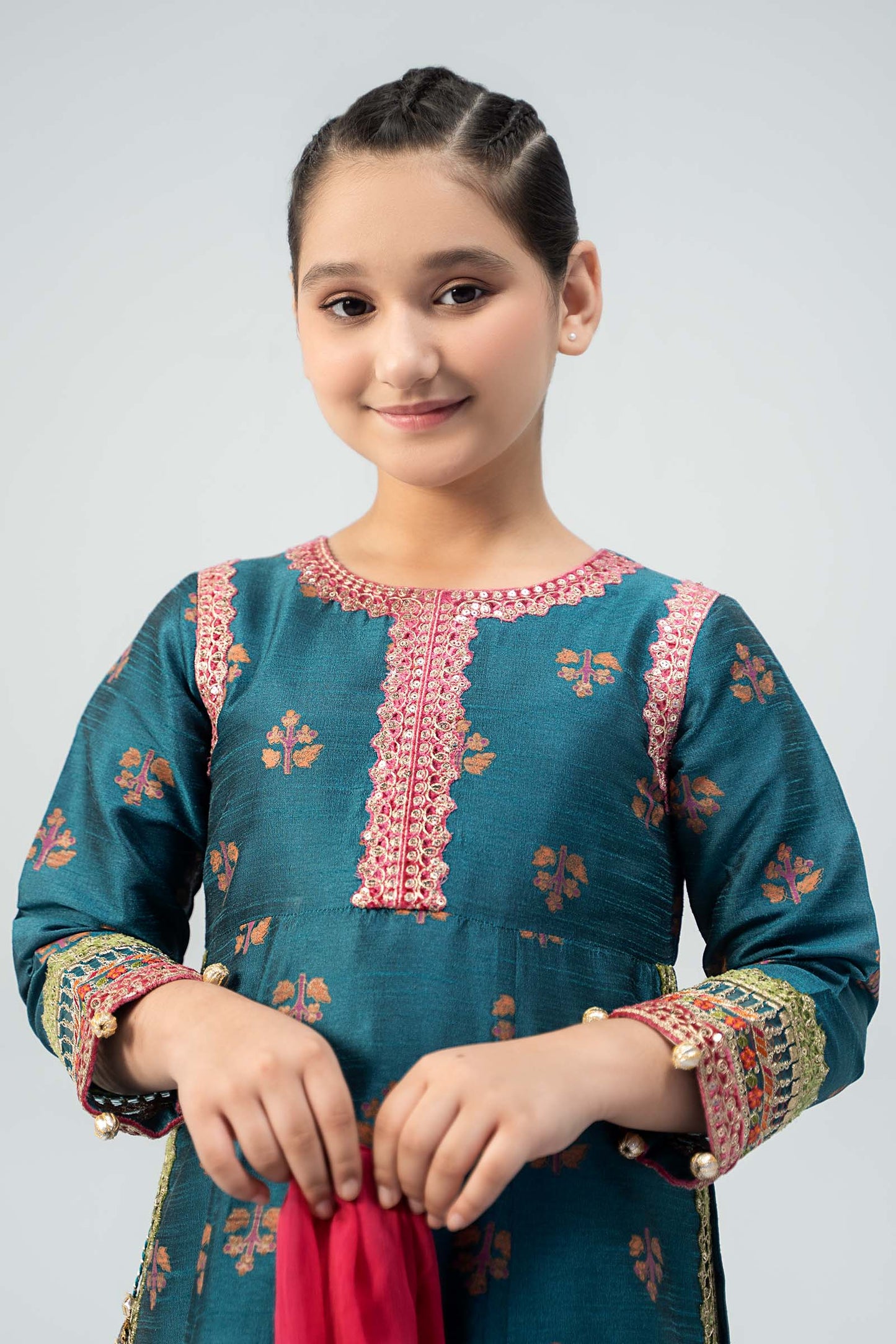 Maria B | 3 Piece Embroidered Raw Silk Suit | MKS-W24-33 by Maria Faisal - Registered Vendor of : Maria B - type : Kids Clothes - 100% original wedding dresses
