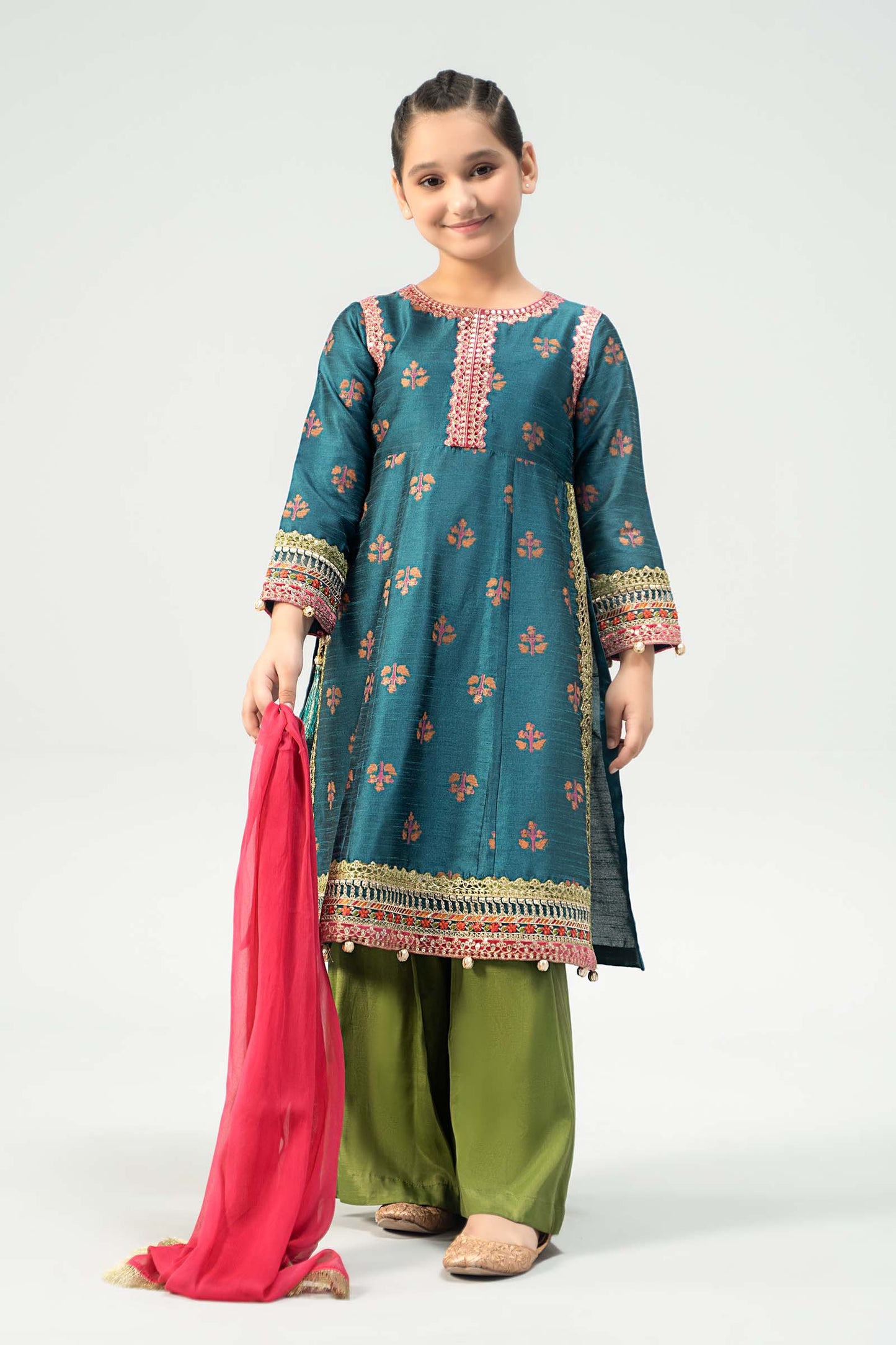 Maria B | 3 Piece Embroidered Raw Silk Suit | MKS-W24-33 by Maria Faisal - Registered Vendor of : Maria B - type : Kids Clothes - 100% original wedding dresses