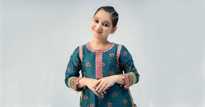 Maria B | 3 Piece Embroidered Raw Silk Suit | MKS-W24-33 by Maria Faisal - Registered Vendor of : Maria B - type : Kids Clothes - 100% original wedding dresses