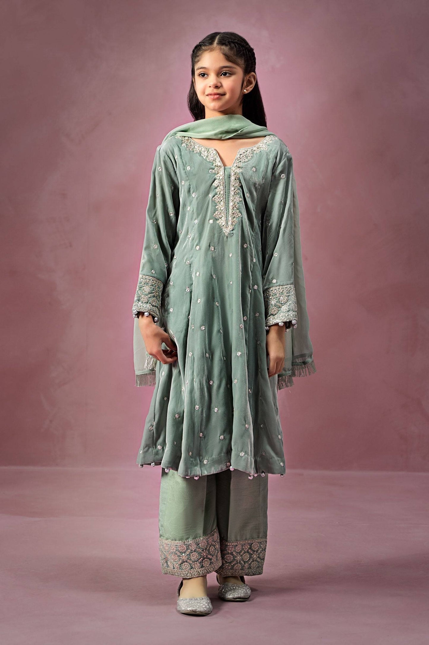 Maria B | 3 Piece Embroidered Velvet Suit | MKS-W24-38 by Maria Faisal - Registered Vendor of : Maria B - type : Kids Clothes - 100% original wedding dresses
