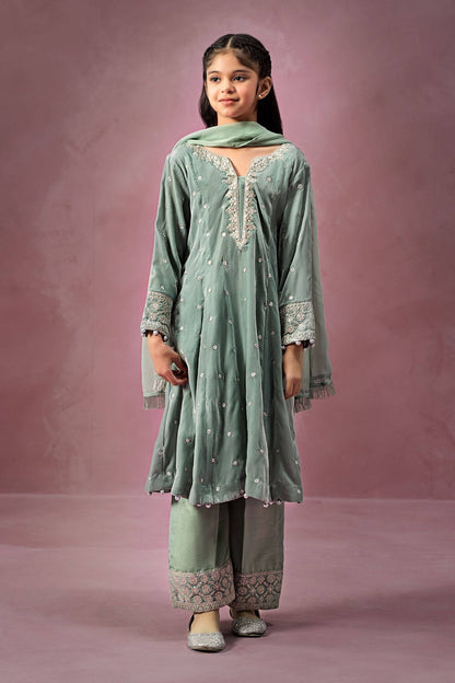 Maria B | 3 Piece Embroidered Velvet Suit | MKS-W24-38 by Maria Faisal - Registered Vendor of : Maria B - type : Kids Clothes - 100% original wedding dresses