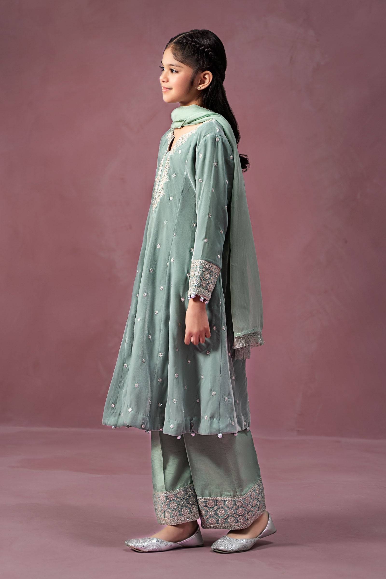 Maria B | 3 Piece Embroidered Velvet Suit | MKS-W24-38 by Maria Faisal - Registered Vendor of : Maria B - type : Kids Clothes - 100% original wedding dresses