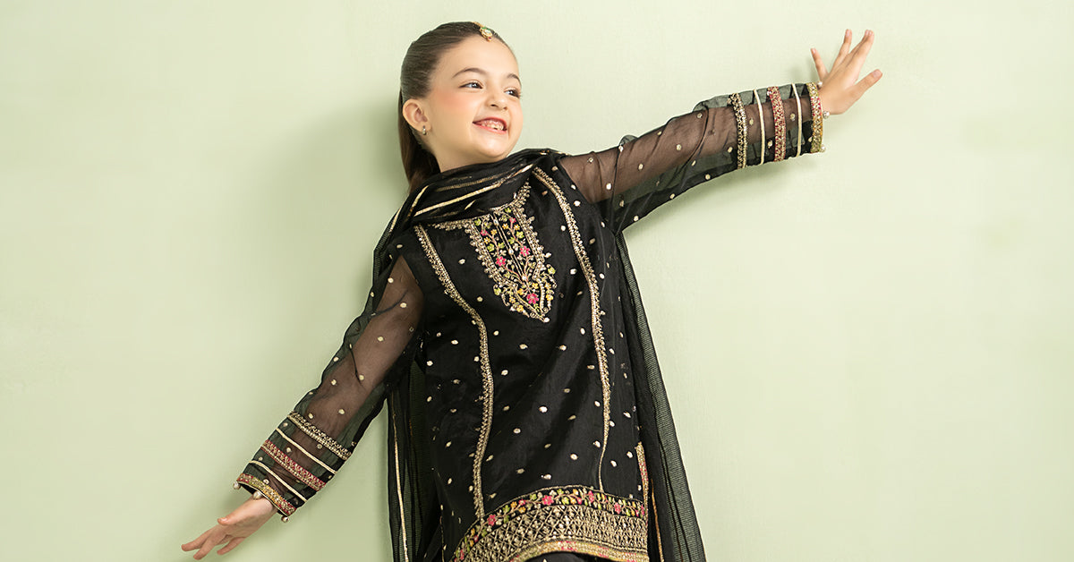 3 Piece Embroidered Lurex Organza Suit - Kids Clothing - available at Maria Faisal in UK and USA.