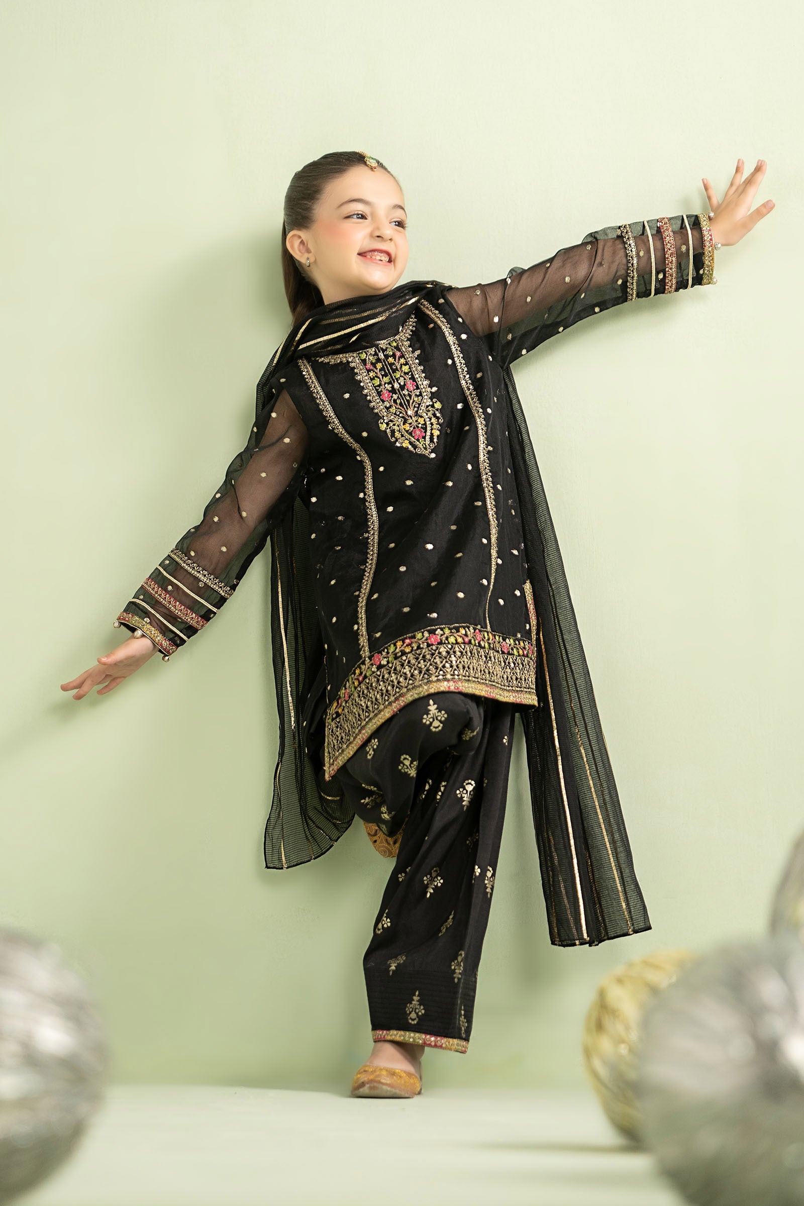 3 Piece Embroidered Lurex Organza Suit - Kids Clothing - available at Maria Faisal in UK and USA.