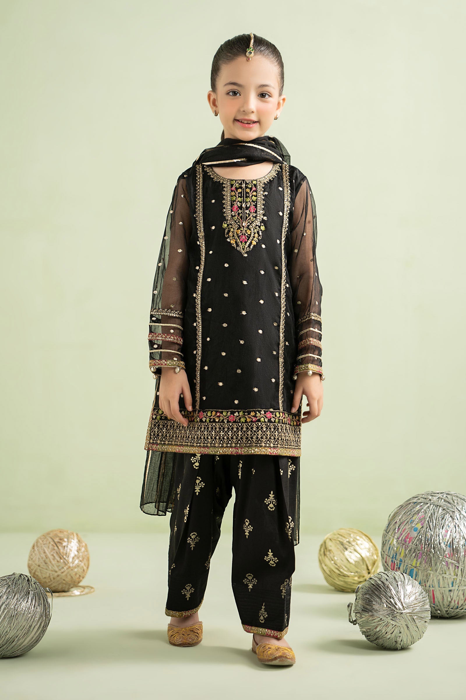 3 Piece Embroidered Lurex Organza Suit - Kids Clothing - available at Maria Faisal in UK and USA.