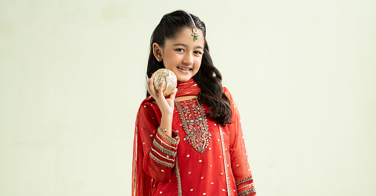 3 Piece Embroidered Lurex Organza Suit - Kids Clothes - available at Maria Faisal in UK and USA