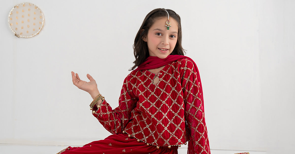 3 Piece Embroidered Velvet Suit - Festive Pakistani Kids Dresses - available at Maria Faisal in UK and USA