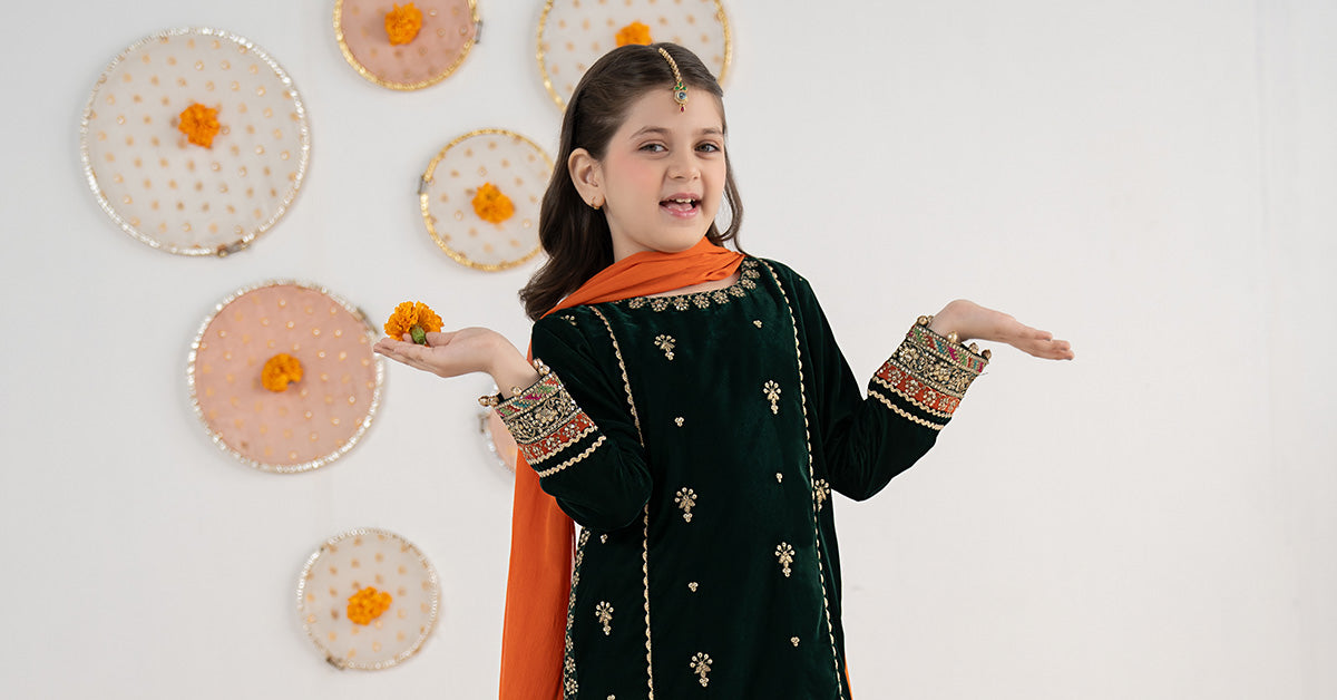3 Piece Embroidered Velvet Suit - Festive Pakistani Kids Dresses - available at Maria Faisal in UK and USA