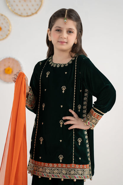 3 Piece Embroidered Velvet Suit - Festive Pakistani Kids Dresses - available at Maria Faisal in UK and USA