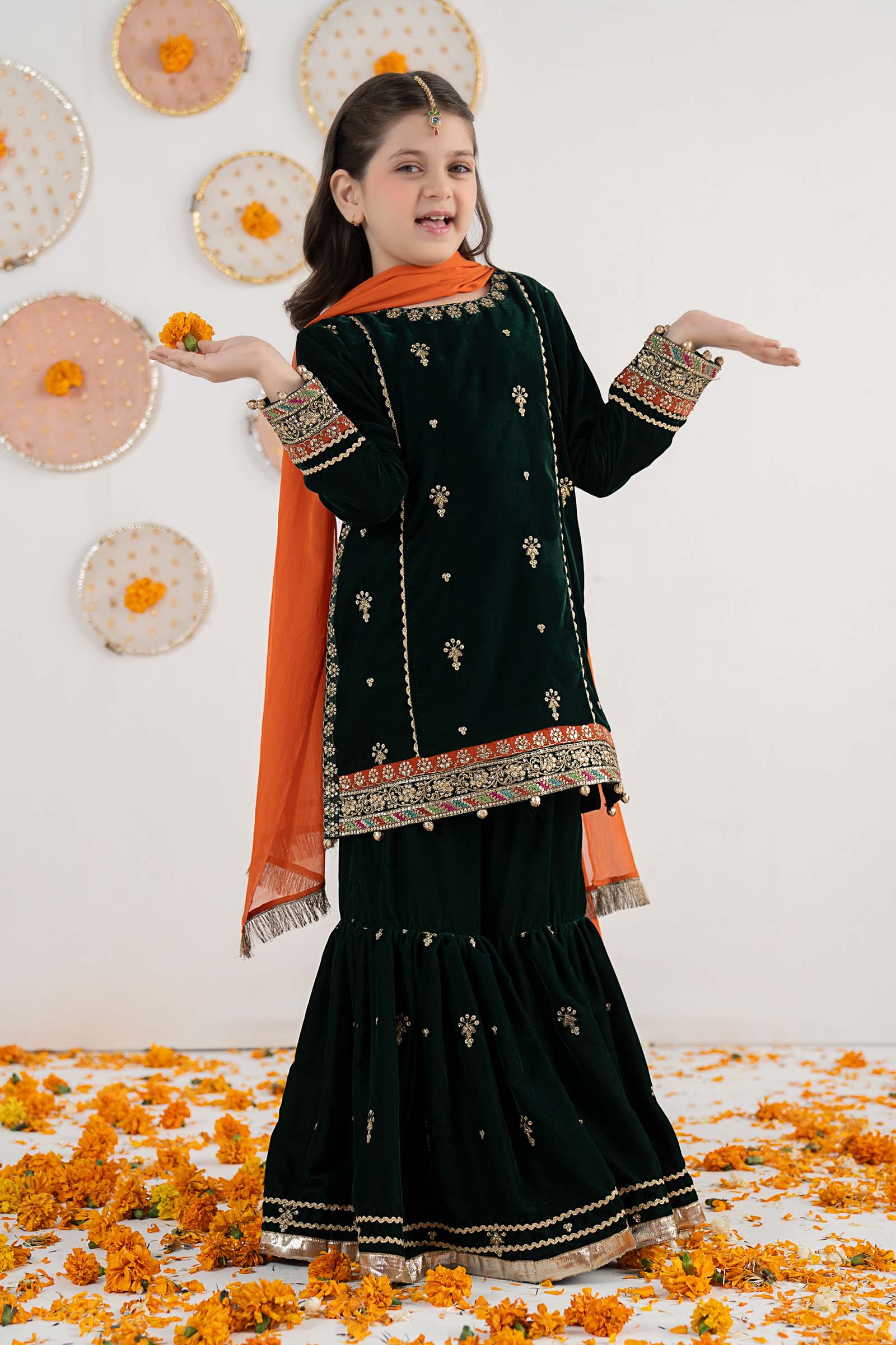 3 Piece Embroidered Velvet Suit - Festive Pakistani Kids Dresses - available at Maria Faisal in UK and USA