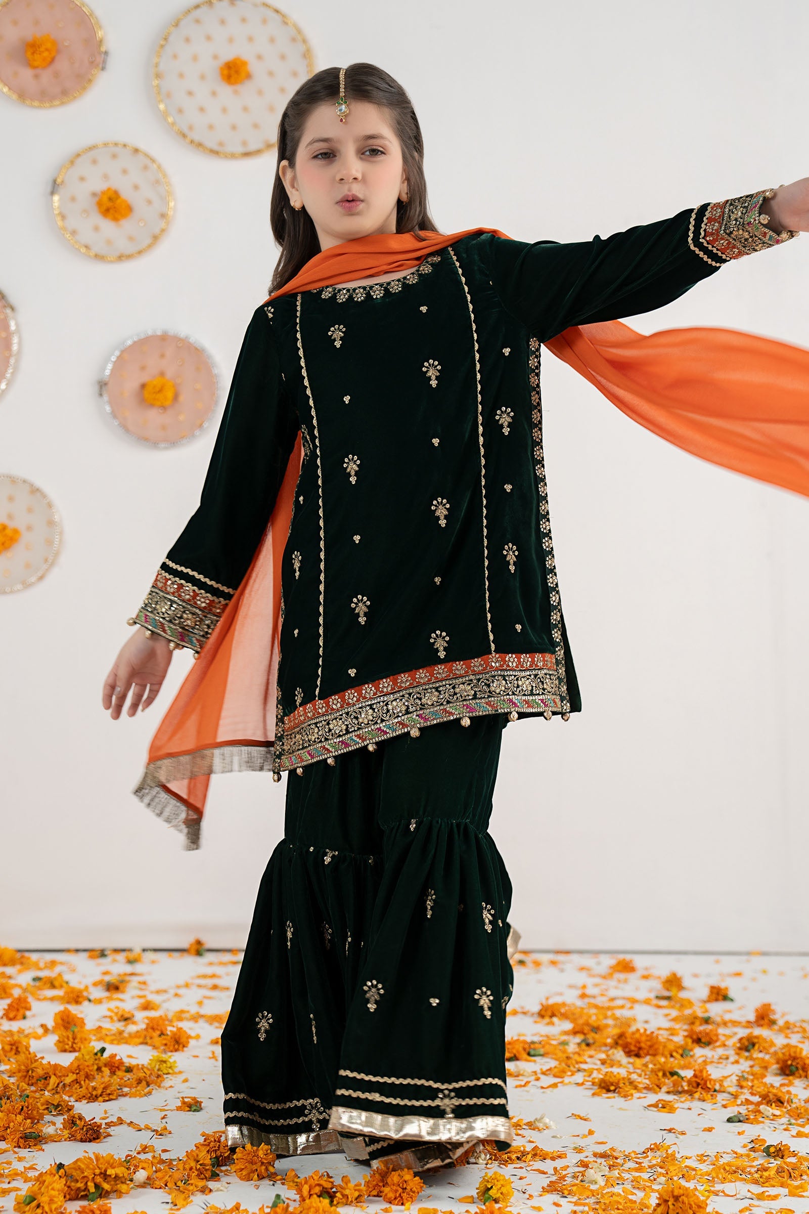 3 Piece Embroidered Velvet Suit - Festive Pakistani Kids Dresses - available at Maria Faisal in UK and USA