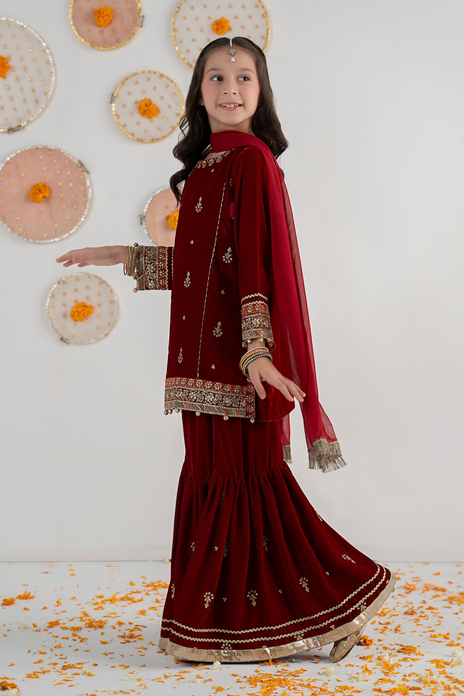 3 Piece Embroidered Velvet Suit - Festive Pakistani Kids Dresses - available at Maria Faisal in UK and USA