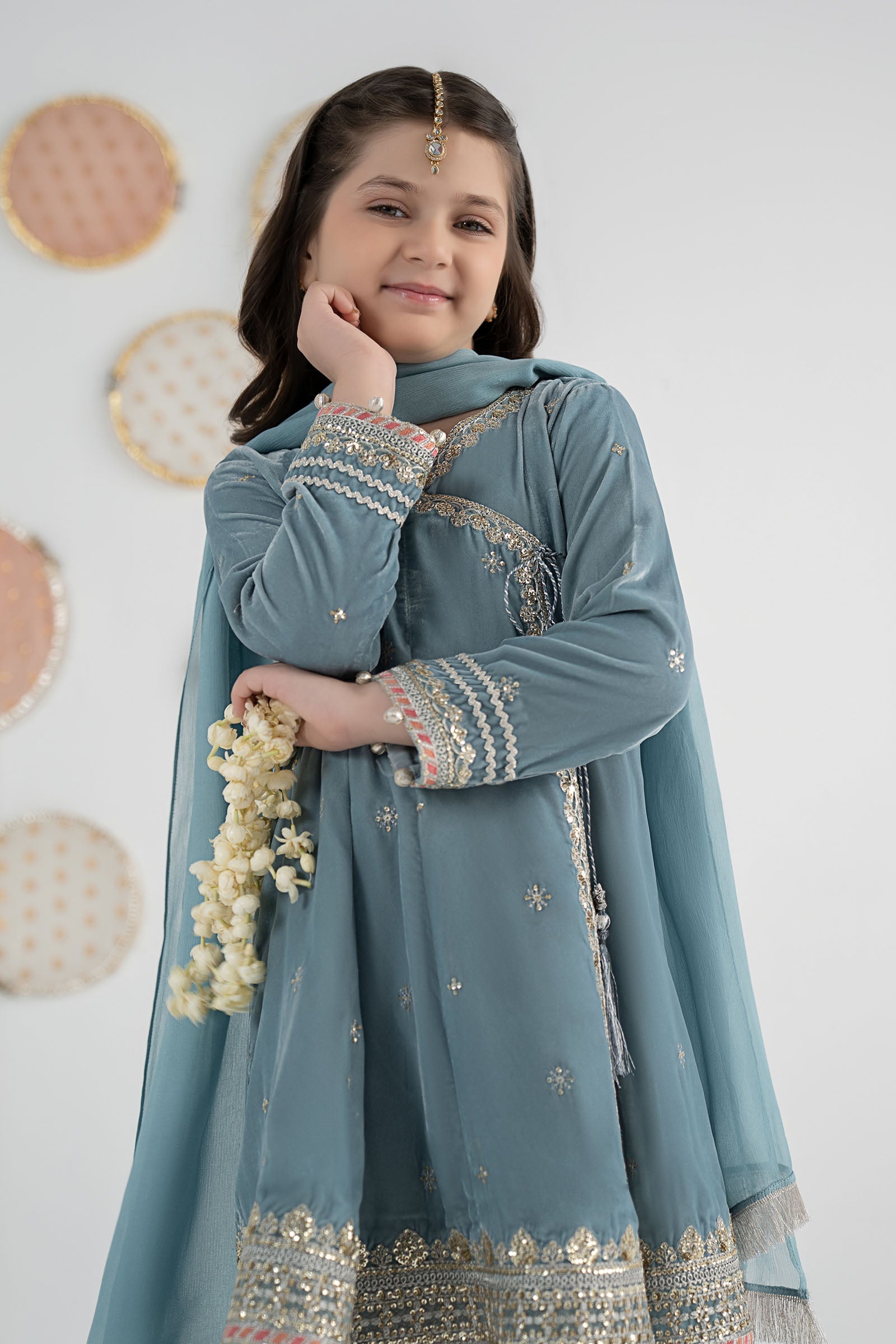 3 Piece Embroidered Velvet Suit - Festive Pakistani Kids Dresses - available at Maria Faisal in UK and USA