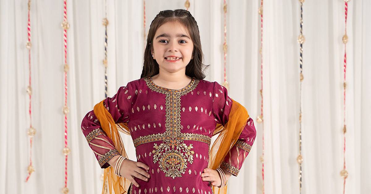 Maria B | 3 Piece Embroidered Raw Silk Suit | MKS-EF25-30 by Maria Faisal - Registered Vendor of : Maria B - type : Kids Clothes - 100% original wedding dresses