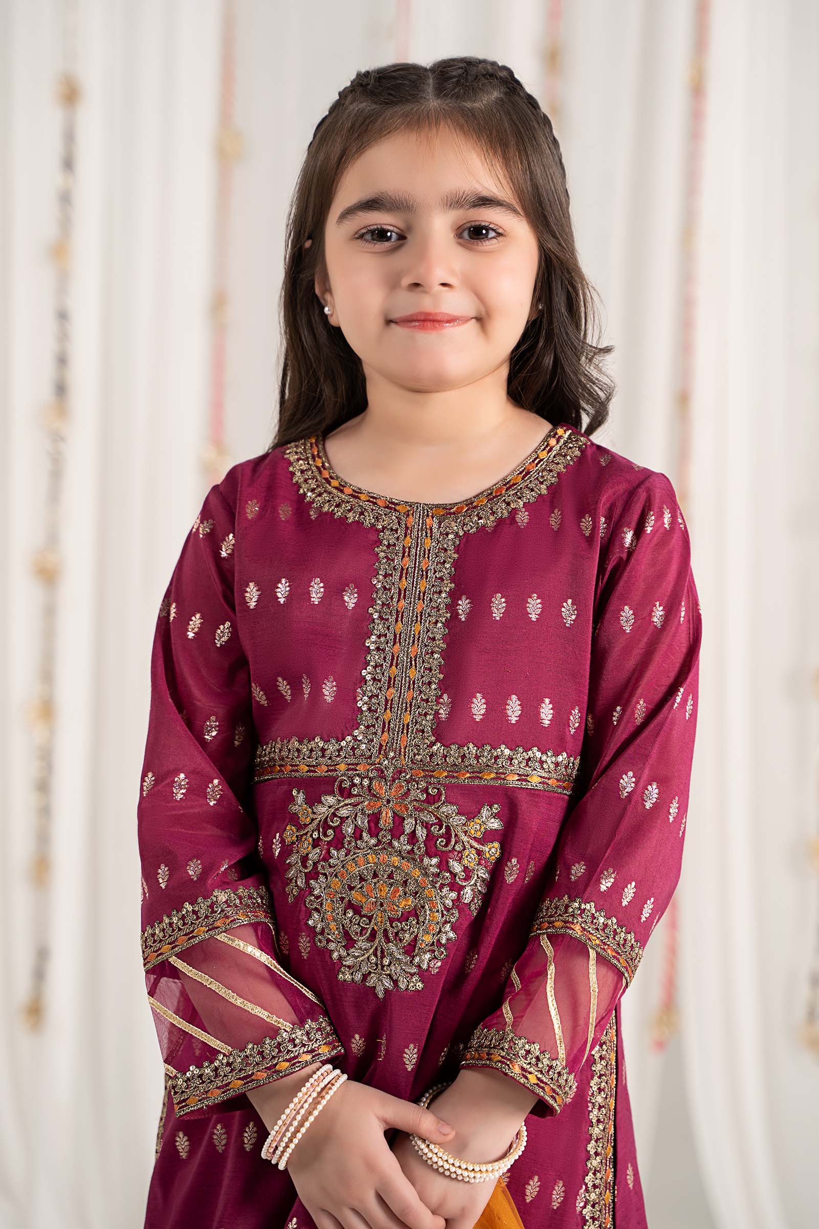 Maria B | 3 Piece Embroidered Raw Silk Suit | MKS-EF25-30 by Maria Faisal - Registered Vendor of : Maria B - type : Kids Clothes - 100% original wedding dresses