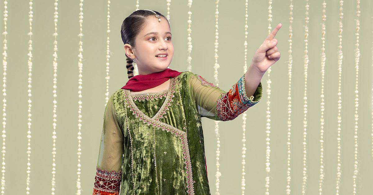 Maria B | 3 Piece Embroidered Velvet Suit | MKS-W24-15 by Maria Faisal - Registered Vendor of : Maria B - type : Kids Clothes - 100% original wedding dresses