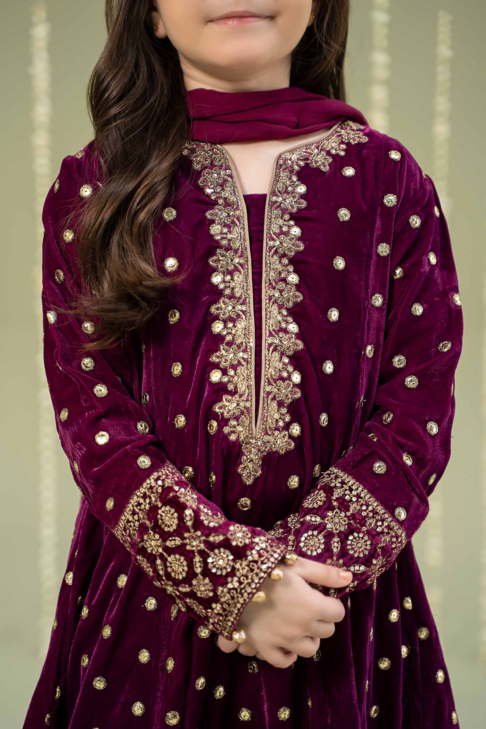 Maria B | 3 Piece Embroidered Velvet Suit | MKS-W24-38 by Maria Faisal - Registered Vendor of : Maria B - type : Kids Clothes - 100% original wedding dresses