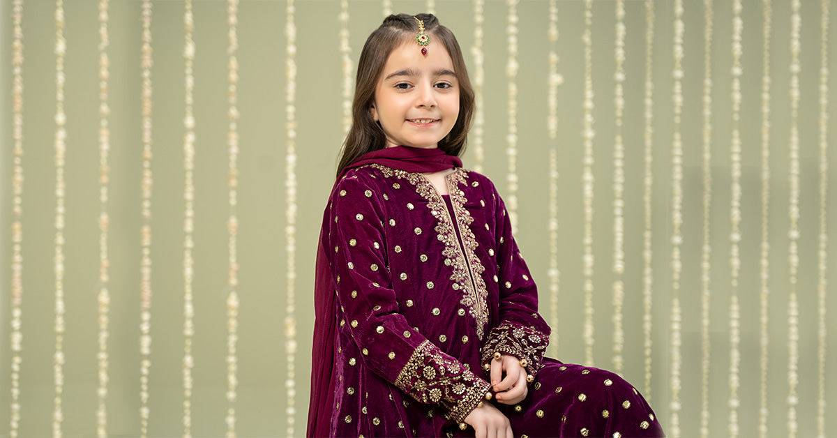 Maria B | 3 Piece Embroidered Velvet Suit | MKS-W24-38 by Maria Faisal - Registered Vendor of : Maria B - type : Kids Clothes - 100% original wedding dresses