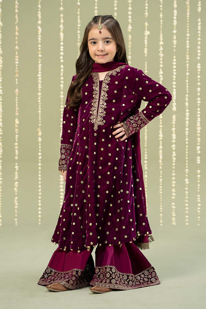 Maria B | 3 Piece Embroidered Velvet Suit | MKS-W24-38 by Maria Faisal - Registered Vendor of : Maria B - type : Kids Clothes - 100% original wedding dresses
