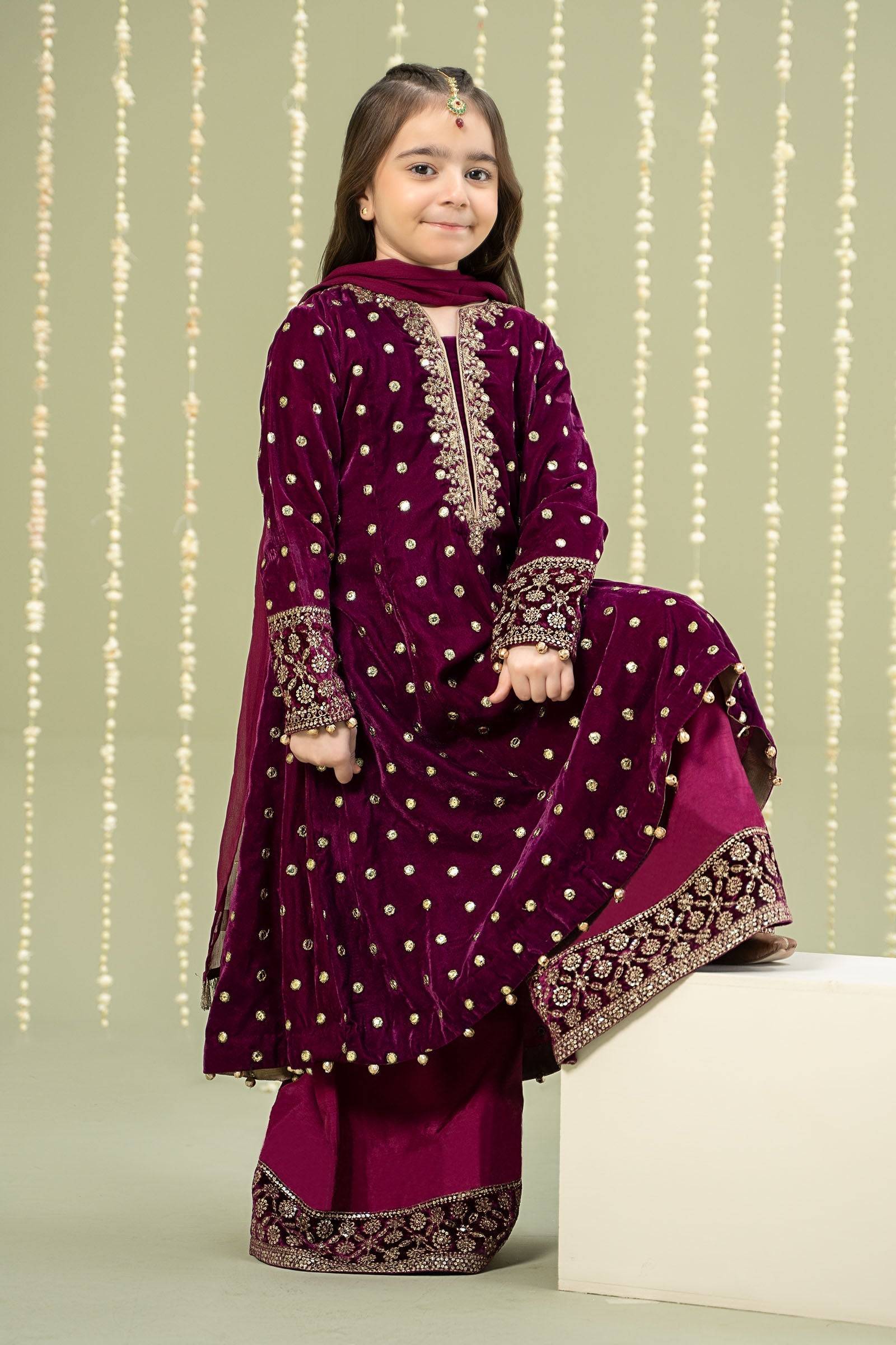 Maria B | 3 Piece Embroidered Velvet Suit | MKS-W24-38 by Maria Faisal - Registered Vendor of : Maria B - type : Kids Clothes - 100% original wedding dresses