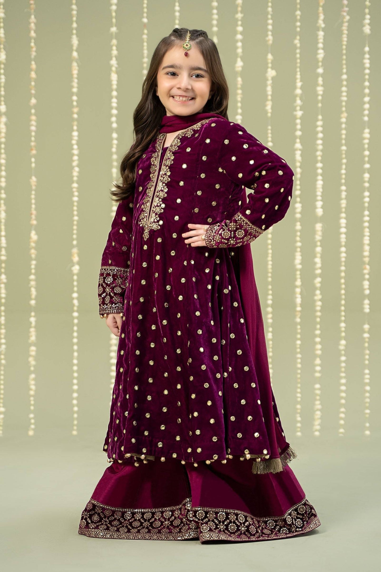 Maria B | 3 Piece Embroidered Velvet Suit | MKS-W24-38 by Maria Faisal - Registered Vendor of : Maria B - type : Kids Clothes - 100% original wedding dresses