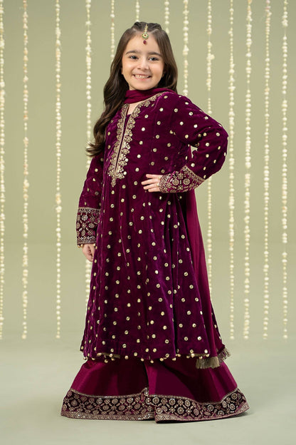 Maria B | 3 Piece Embroidered Velvet Suit | MKS-W24-38 by Maria Faisal - Registered Vendor of : Maria B - type : Kids Clothes - 100% original wedding dresses