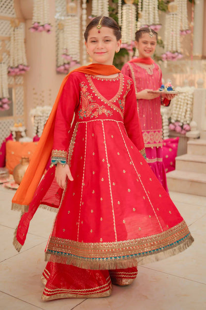 Maria B | 3 Piece Embroidered Raw Silk Suit | MKS-W24-02 by Maria Faisal - Registered Vendor of : Maria B - type : Kids Clothes - 100% original wedding dresses