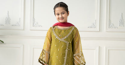 3 Piece Embroidered Poly Organza Suit - Kids Clothing - available at Maria Faisal in UK and USA.