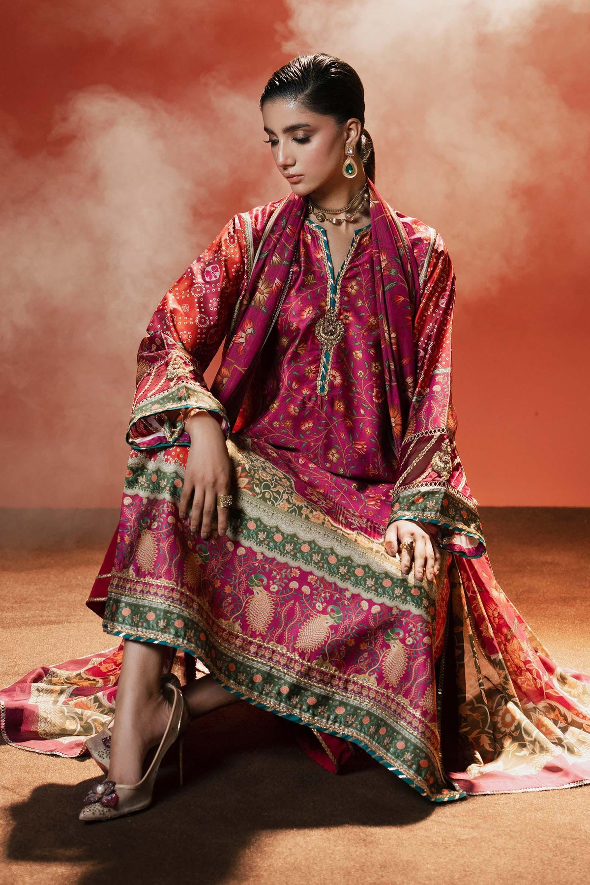 Maria B | Luxury Pret Pre Fall | MPS-EF26-01R1-Pink and Orange - Luxury Dress - available at Maria Faisal in UK and USA.